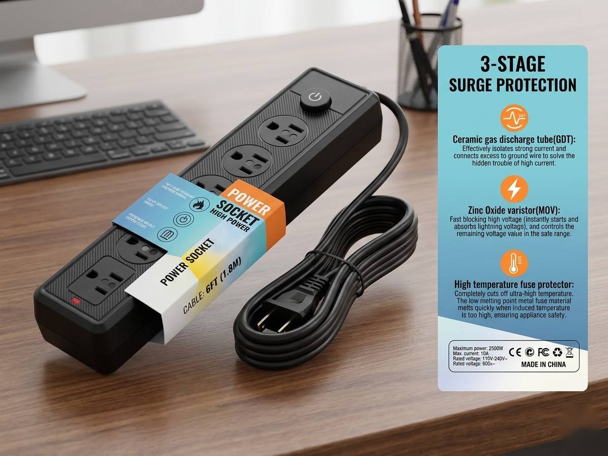 Regleta Power Socket 4 tomas 2500W con protección de sobrecargas 1.8m
